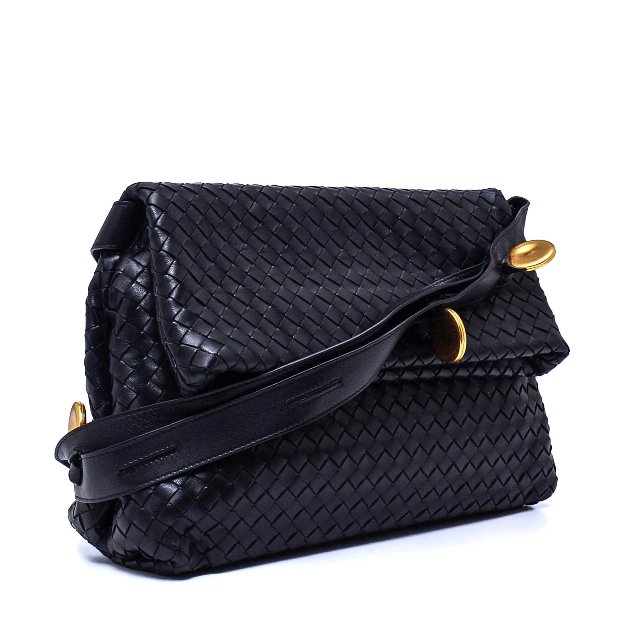 Bottega Veneta -  Black Intrecciato Leather BV Fold Messenger Bag